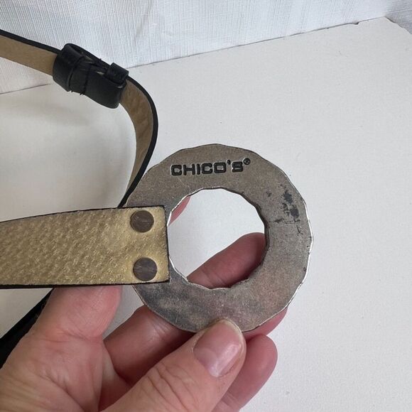 Chicos Statement Hammered Metal Buckle Belt Adjustable Black S/M Boho Western - Picture 6 of 7